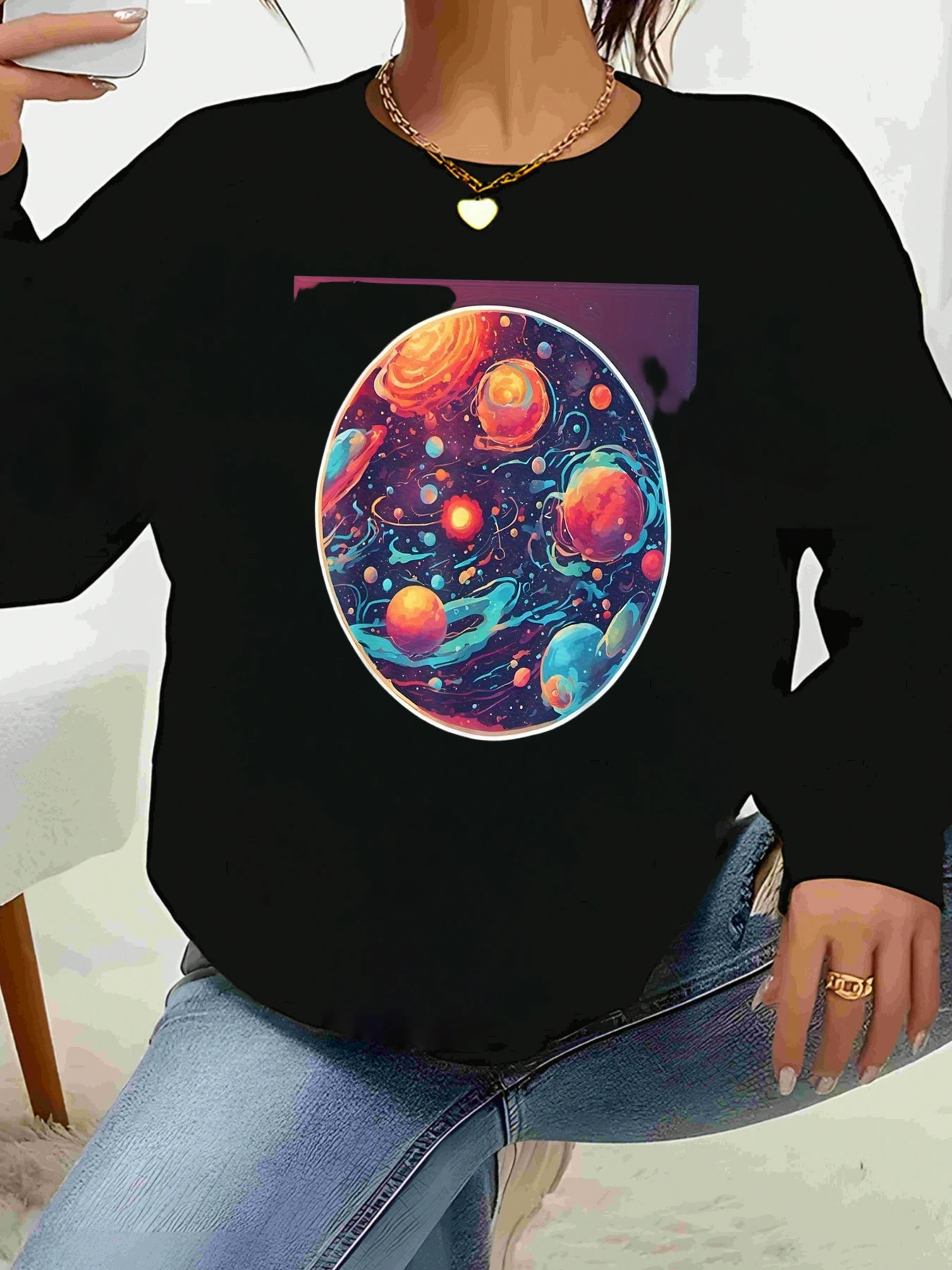 بلوزة Galaxy Planet مطبوعة بأكمام طويلة للنساء، ملابس كاجوال، ملابس يومية، قطعة بيان عصرية