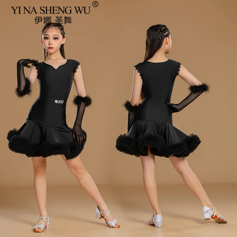 

Платье для латинских танцев для девочек, юбка-пачка с рюшами без рукавов, детский костюм для выступлений, танцевальное платье для румбы, танго, черное