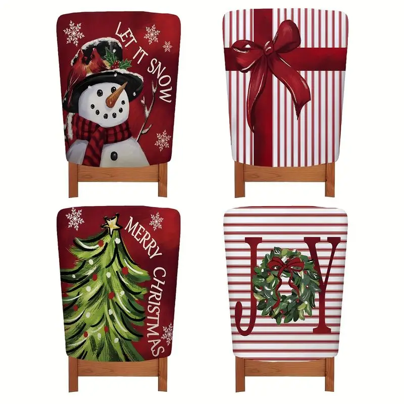 VIKAMA Christmas Chair Back Cover Gift Box Snowman Tree Print Removable Washable For Dining Room Kitchen Christmas Party Decor
