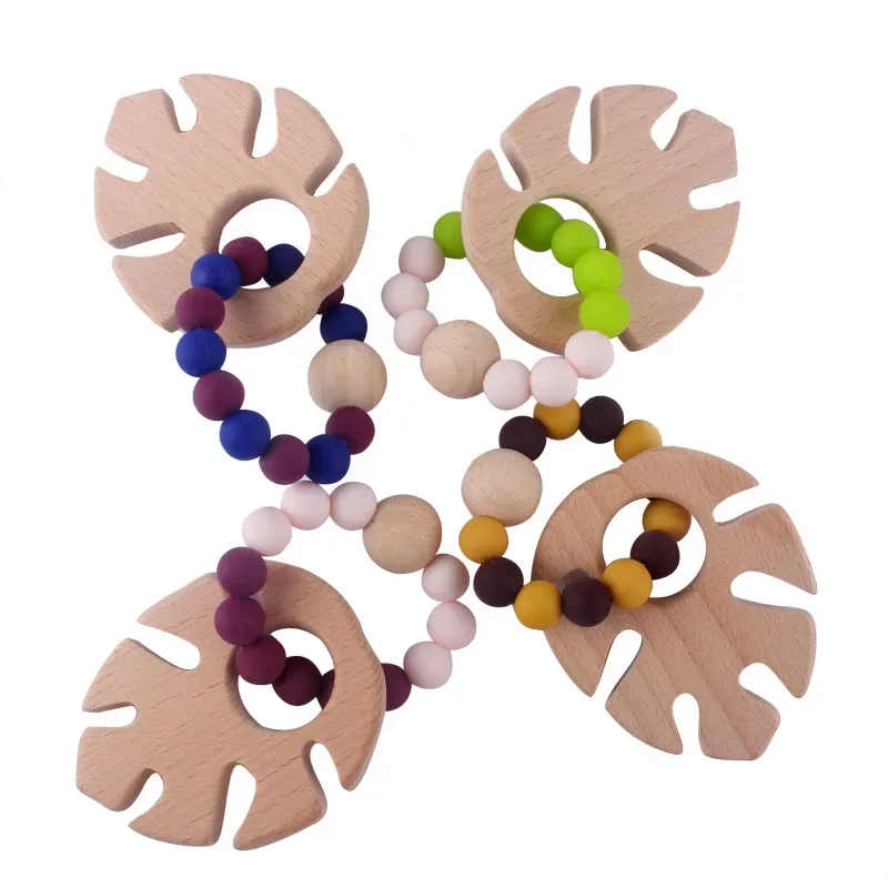 Kissteether Food Grade Silicone Baby Grinding Toy Beech Leaves and Silicone Bead String Bracelet Soothing Teeth Baby Teethers