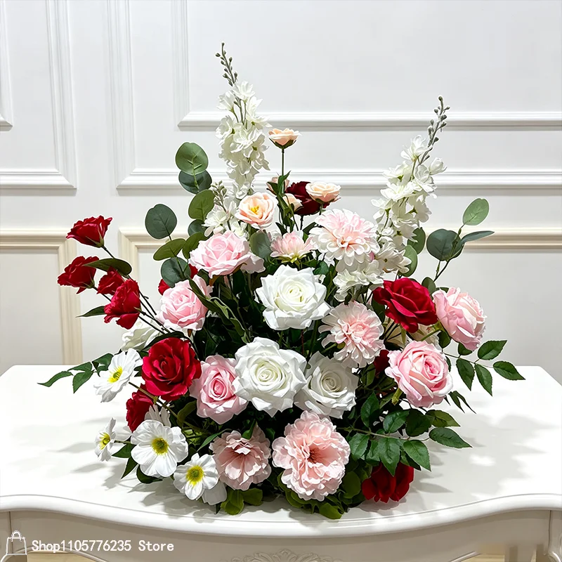 Künstliche rote, rosa, weiße Rosen, Pfingstrosen, Rittersporn, Hochzeitstisch-Mittelstück, Blumenarrangement, Bankett-Esstisch, Heimdekorationsstück – Detail 6