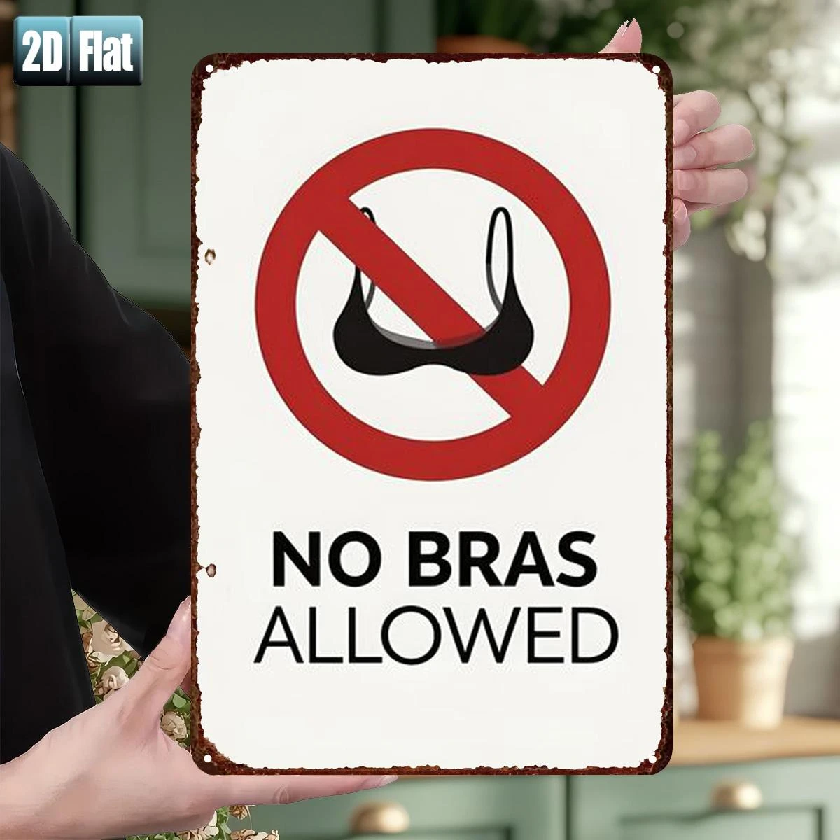 （2D Tin painting）Vintage No Bras Allowed Metal Sign - Retro Funny Sarcastic Wall Art for Bedroom Lingerie-Free Zone Decor