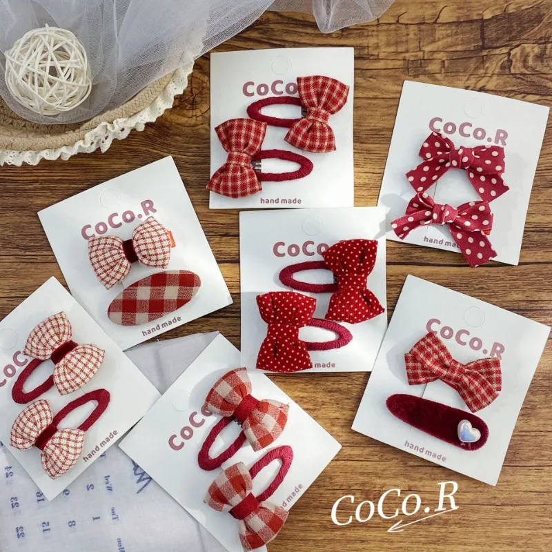 2pcs/set Korean Style Red Plaid Bow Hair Clips for Baby Girls Sweet Polka Dot Fabric Kids Side Hair Clips Set Hair Accessories