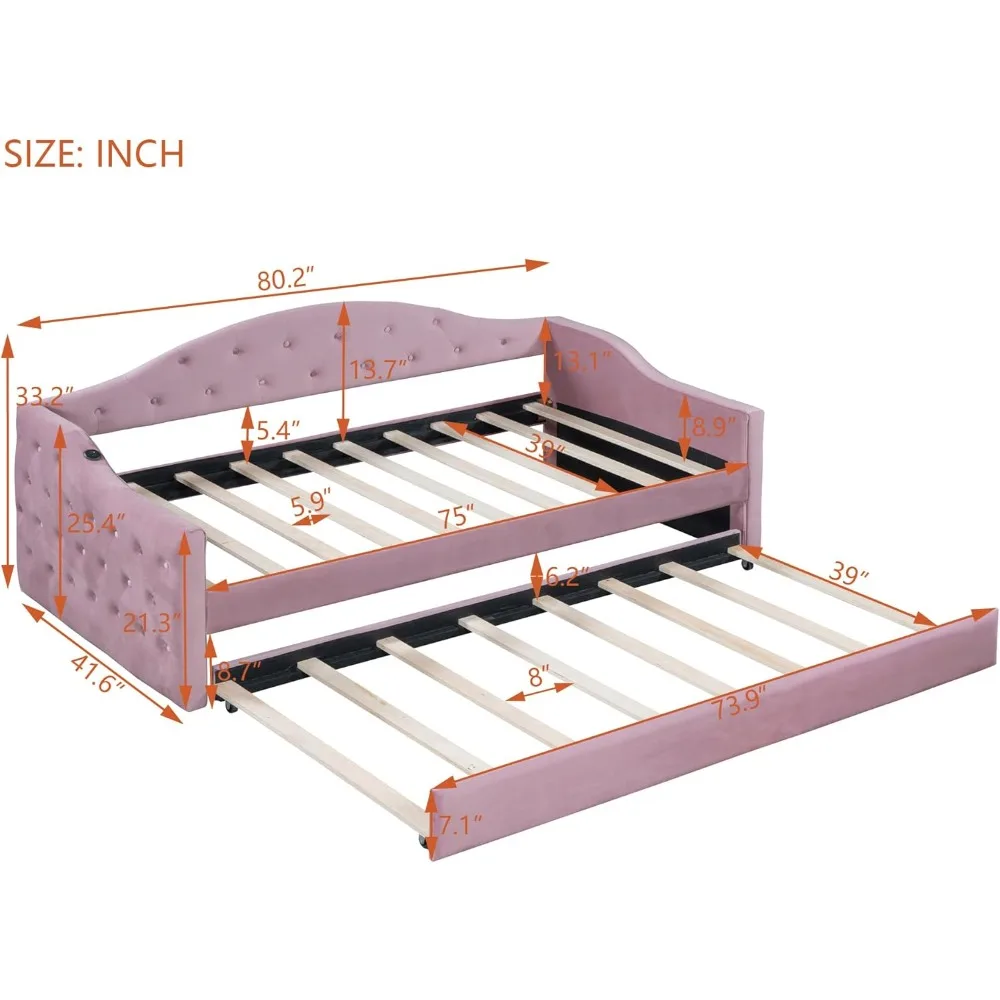Hot Sales Twin Size Daybed With Trundle, Twin Tufted Upholstered Daybed, Velvet Sofa Bed With USB & Type-C Charging Ports, No Bo