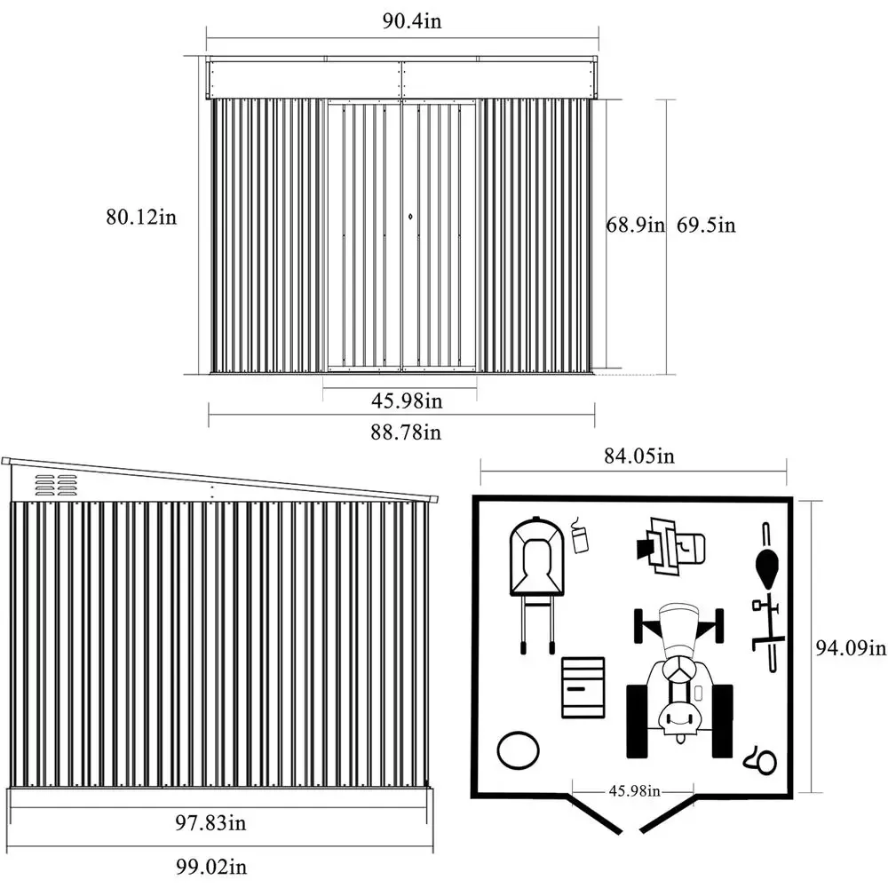 Outdoor Metal Storage Shed Kit for Garden Tools with Double Door & Keyed Lock, Waterproof Utility Shed for Patio or Backyard, Gr