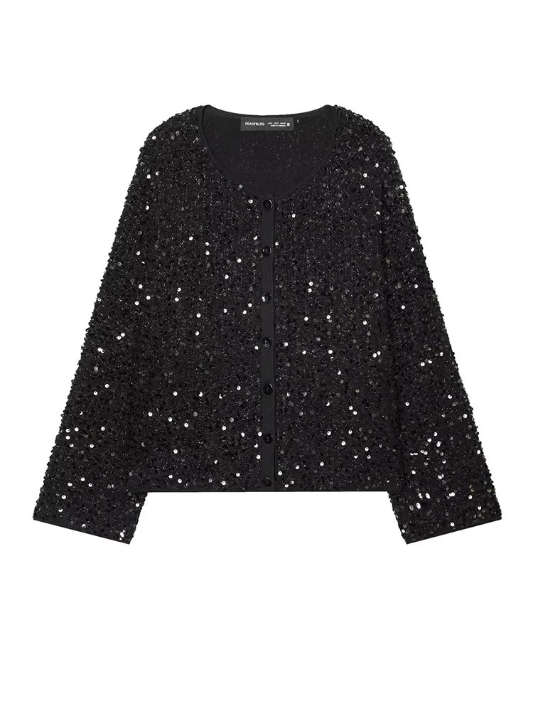 

HH Woman Winter Fashion Long Sleeves Single Breasted Sequin Decoration Short Coat Female Round Collar Street Style Jacket