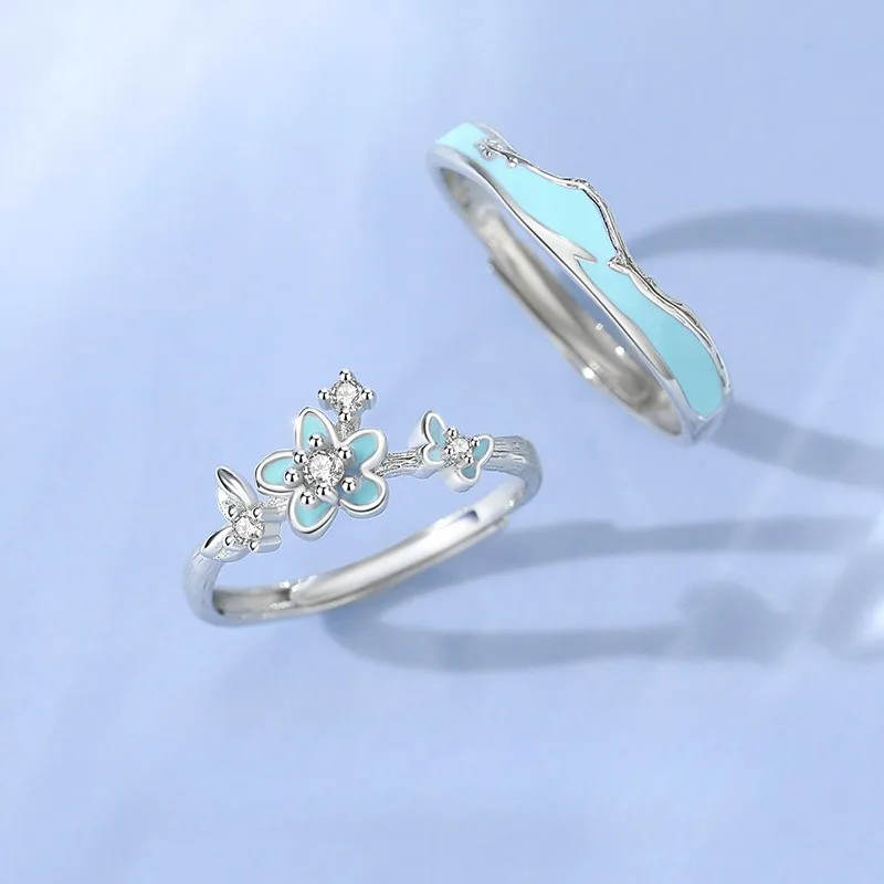 

TIMESWIND Couple S925 Luminous Blue Enamel Flower Butterfly Open Men Women with Certificate
