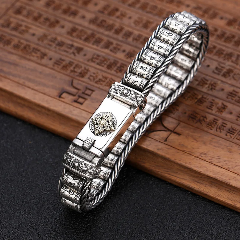 S925 sterling silver jewelry popular trendymen thai silver retro six-character mantra to gold wheel personalized bracelet