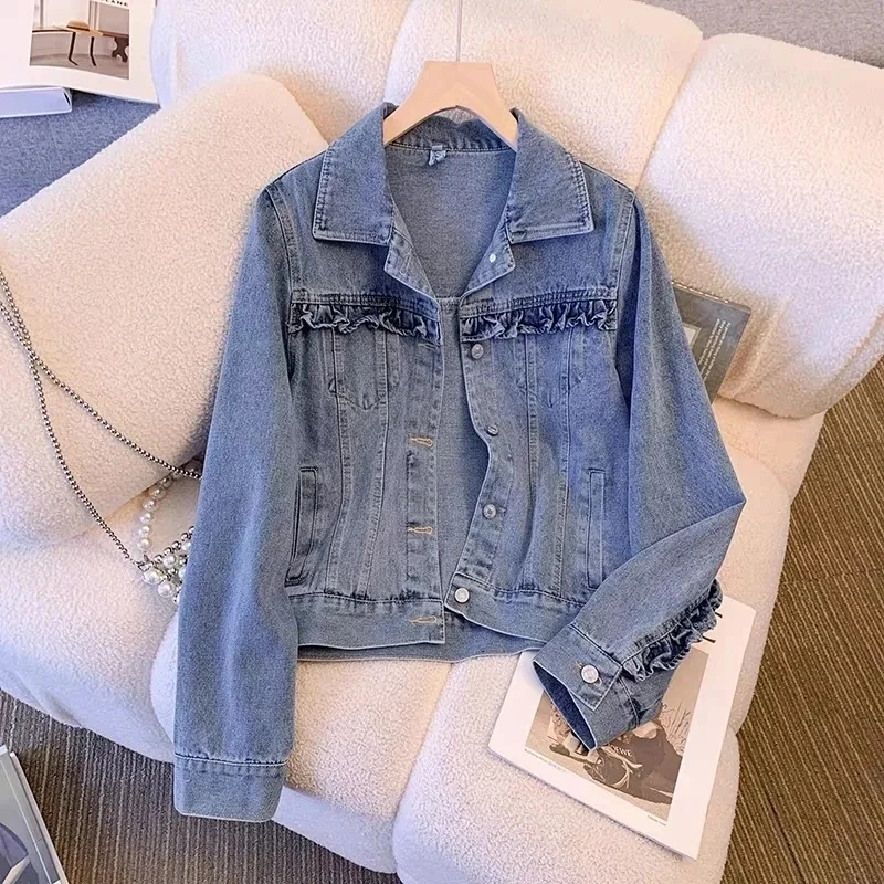 

Small Fragrant style Denim Jacket For women Spring Autumn Loose Long sleeves Short Coat Design Single breasted Female Cowboy Top
