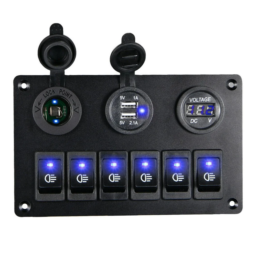 6 Gang Switch Panel with 12V-24V LED Digital Voltmeter Dual USB Charger Lighter Socket for RV Truck Boat SUV