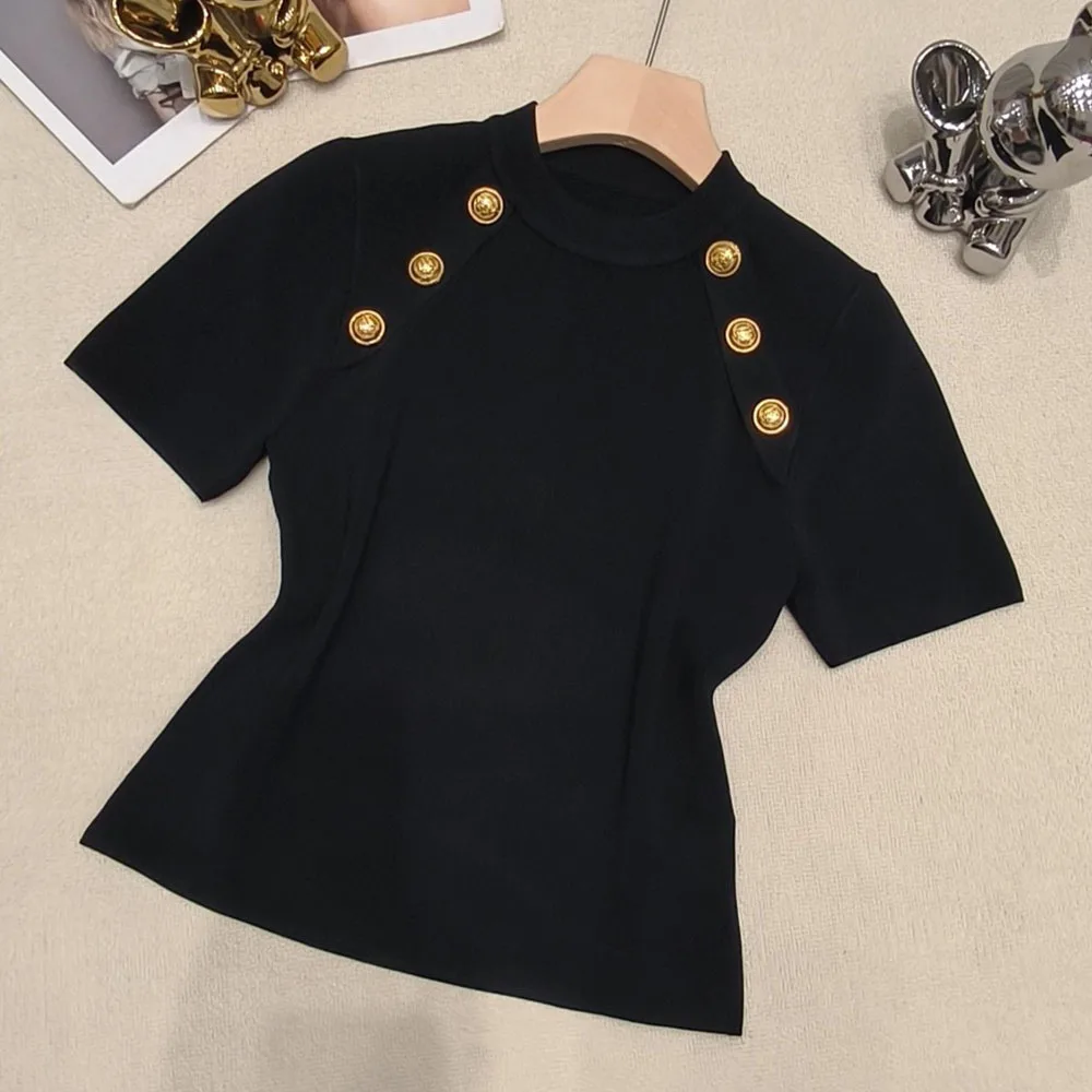 Basic All Match Lady Office 2024 Spring Summer Designed Buttons Round Collar Short Sleeve Women Pullover Slim Knits Shirts