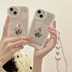 For case iphone 13 Korea INS Tulip Flower Lanyard Phone Case For iPhone 11 Pro Max 12 XR X XS Cover Hand Strap Bracelet Cases