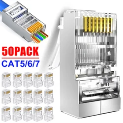 1-50Pcs Pass Through RJ45 Cat7/Cat6/Cat5 Shielded Connectors Crystal End Gold-Plated 8P8C Crimp UTP Ethernet Modular Plug