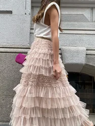 Vintage Women Solid Mesh Patchwork Long Skirts Bohemian Lady Causal High Waist Hollow Out Female Maxi Skirts Spring Summer 2024