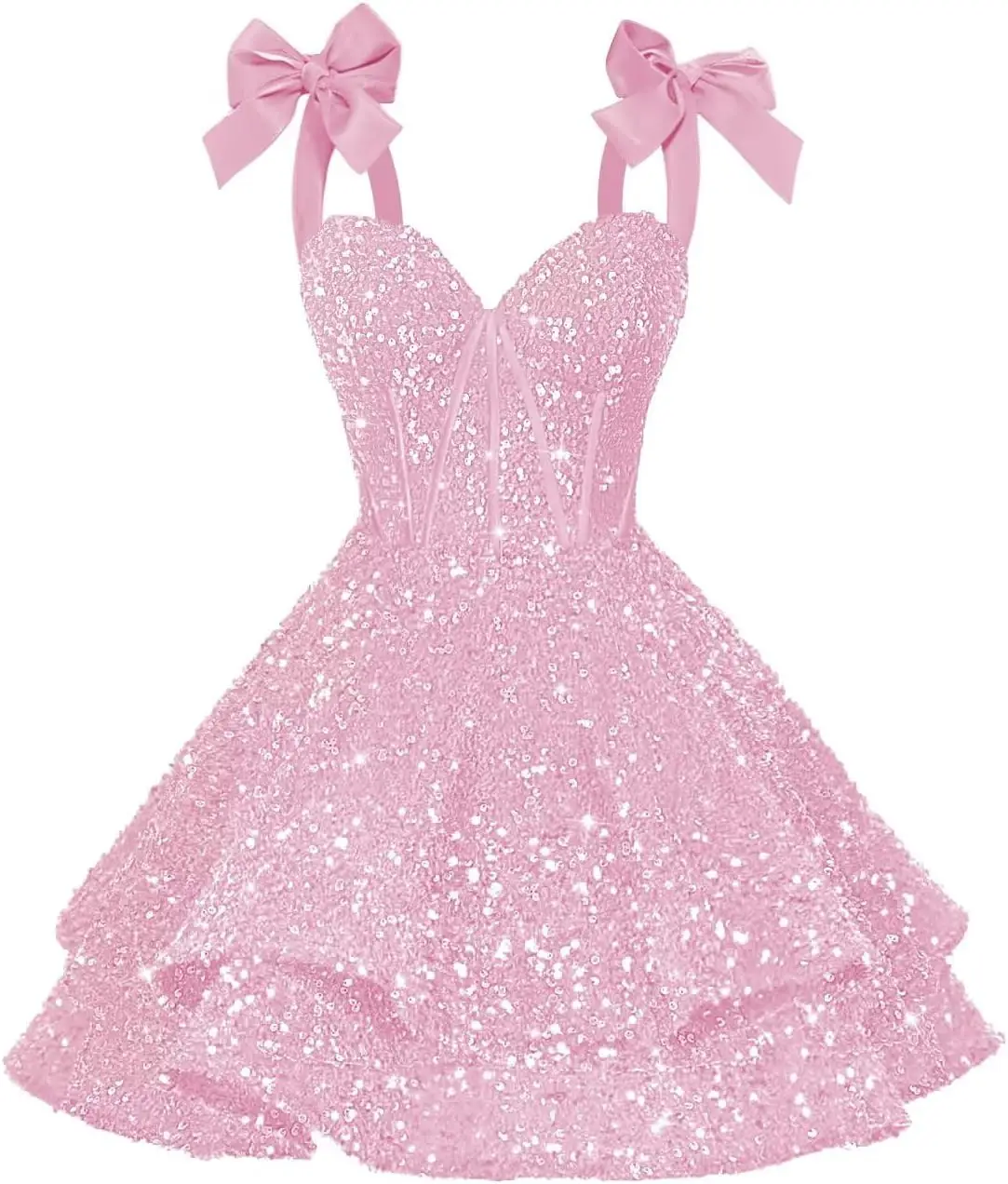 Sparkly Sequin Bows Homecoming Dresses 2026 Short Spaghetti Straps Tiered Satin Sweet 16 Prom Cocktail Dress Graduation Dress