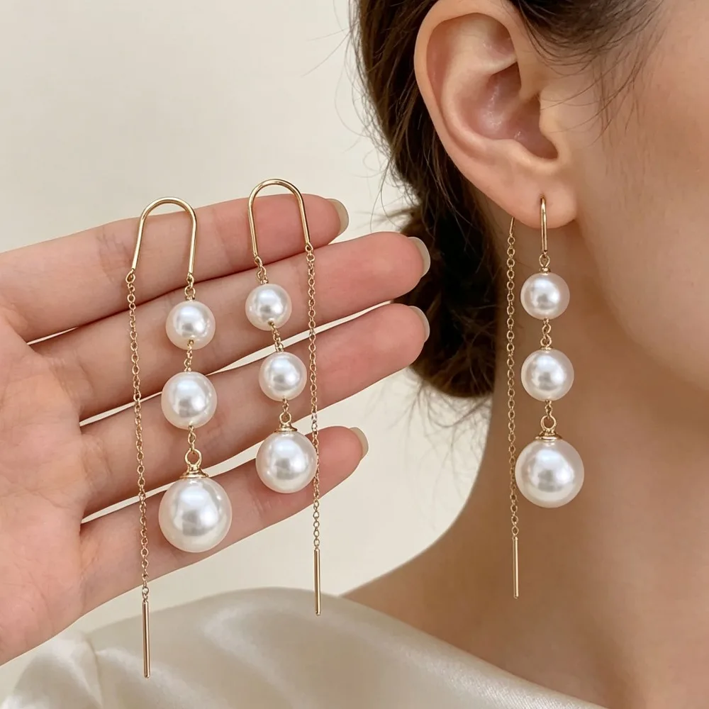 Elegant Faux Pearl Threader Earrings Gold Tone Alloy Linear Drop Dangle Minimalist Jewelry for Daily Party Women