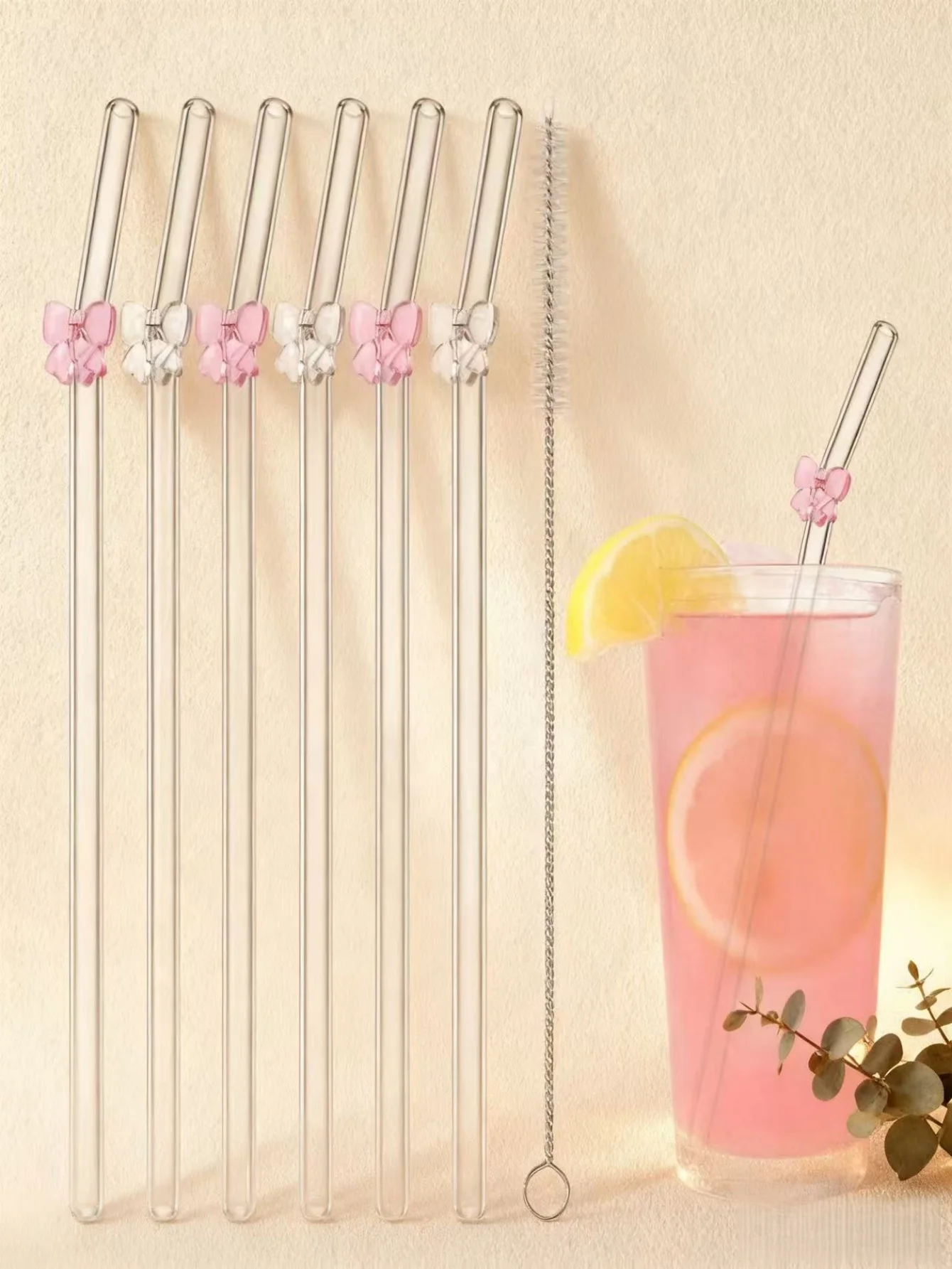 1/4/6PCS Reusable Glass Straws with Bow Charm, Bachelorette Bridal Party Decor, Drinking Straws Set , Summer Cup Accessories