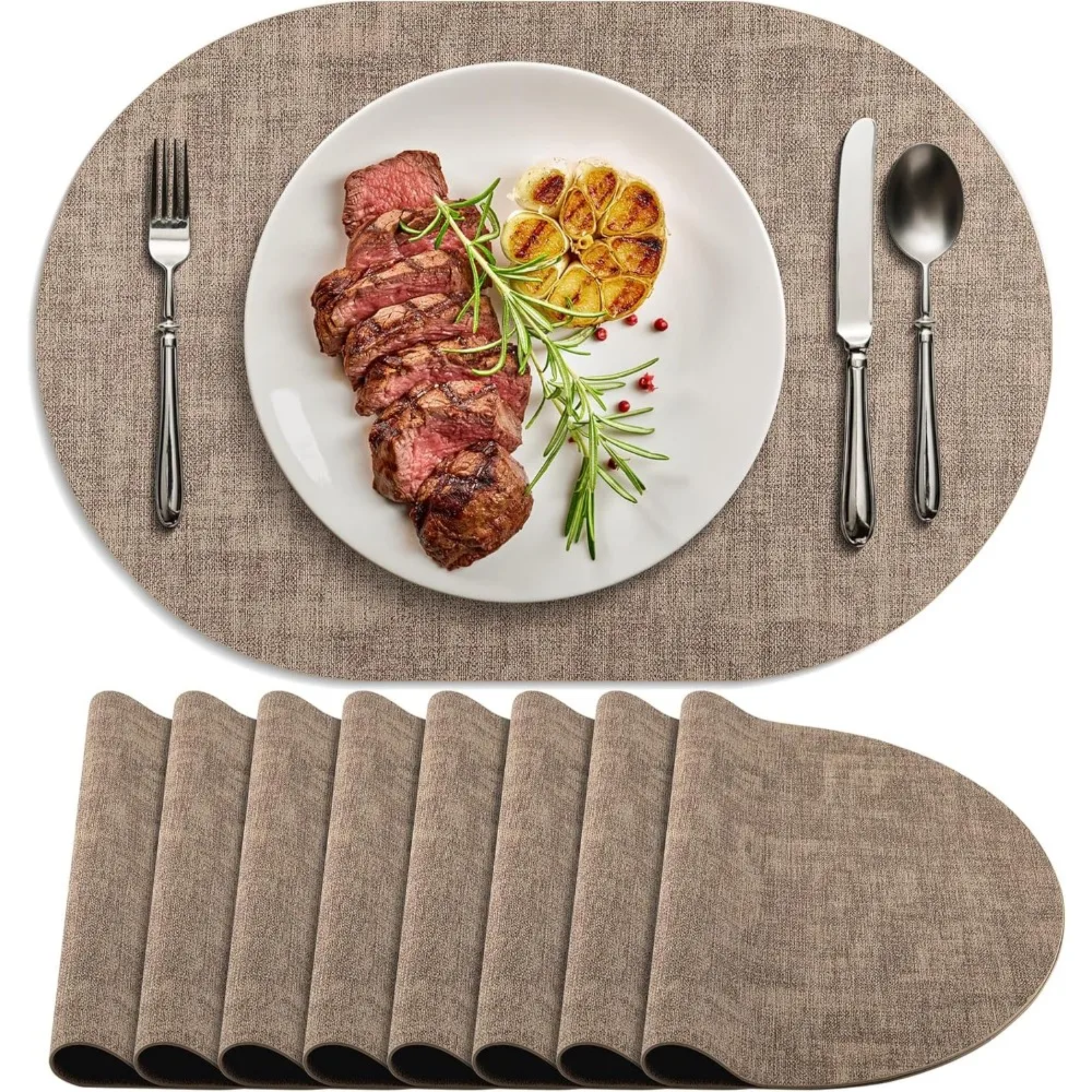 

Set of 8 Non-Slip, Heat-Resistant Oval Faux Leather Placemats with Double Layer, Waterproof and Easy to Clean for Kitchen Use