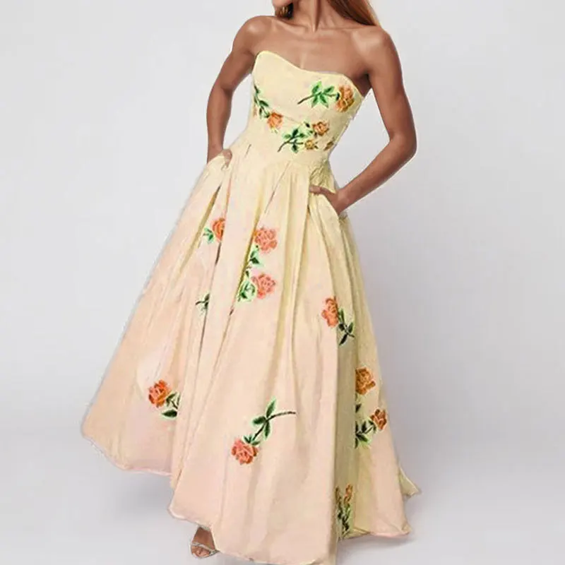 Sexy trägerloses hohles Saum-Damen-Partykleid, Frühlings-Blumendruck, Tasche, A-Linien-Kleid, Sommer, schulterfrei, rückenfrei, langes Kleid
