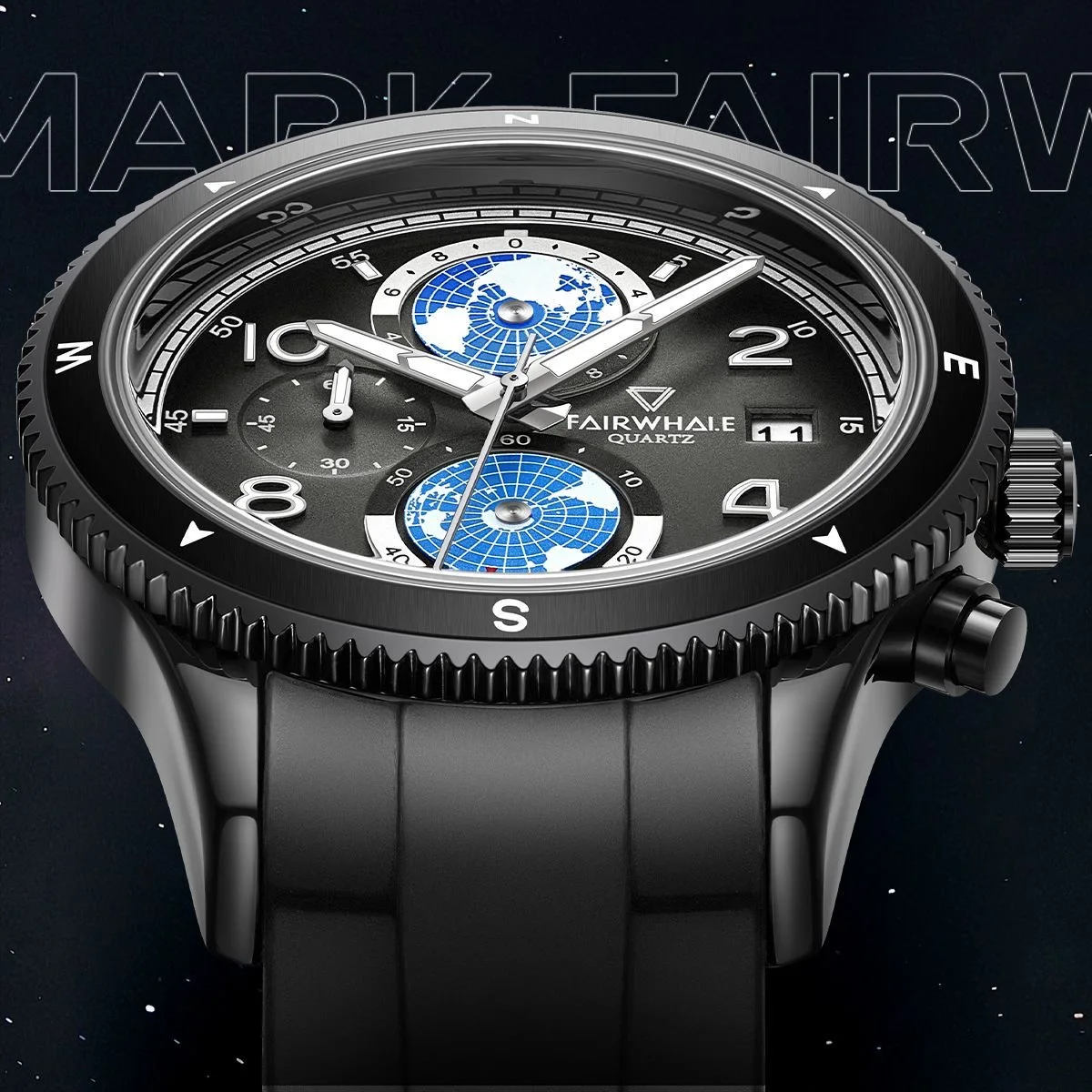 Mark Fairwhale Luxury Earth Watch Men Auto Date Sport Silicone Strap Waterproof Clock Fashion Chronograph Quartz WristWatch Boy