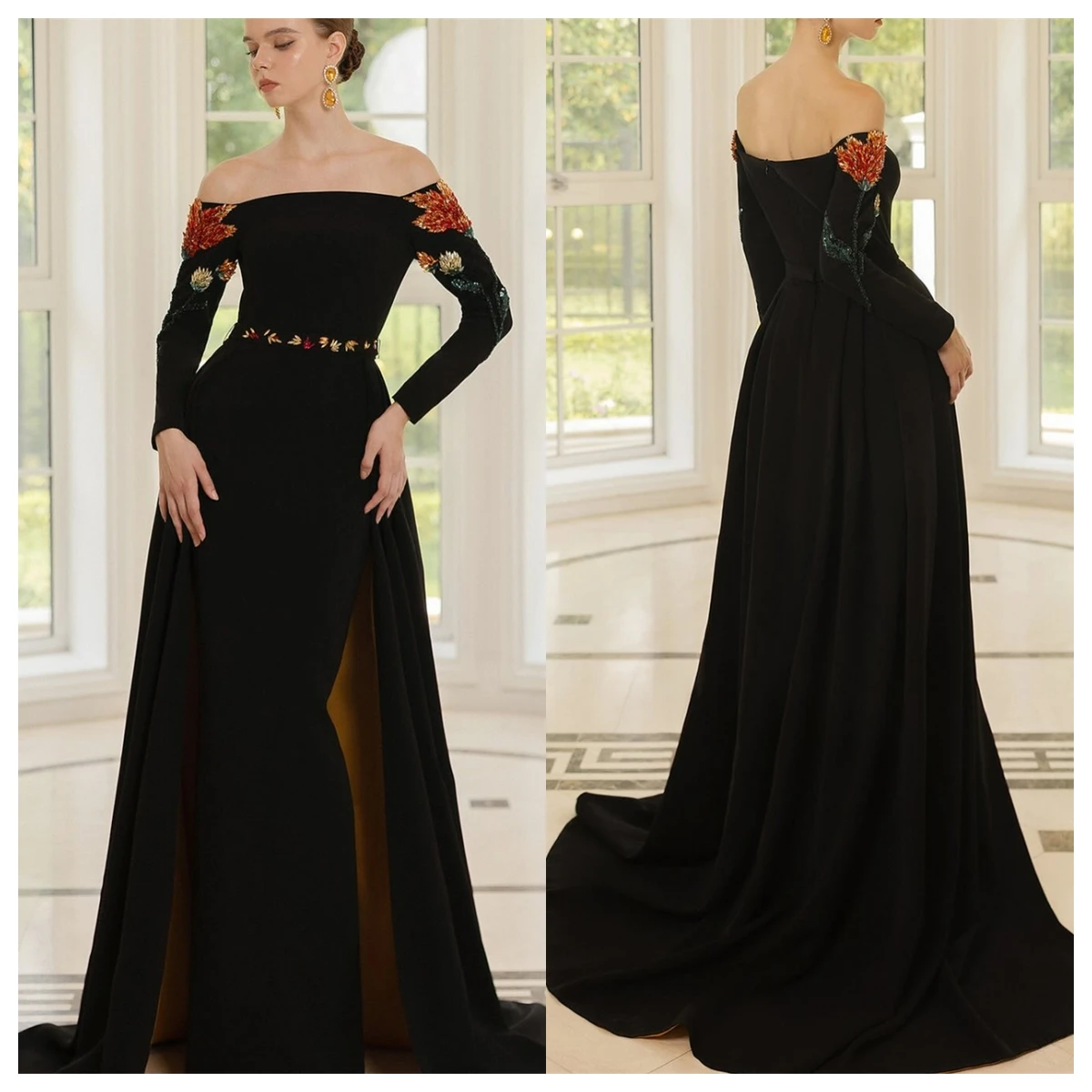 فستان سهرة جيرسي أسود رائع مخصص برقبة قارب قبالة الكتف وأكمام طويلة فساتين المشاهير مناسبة مخصصة