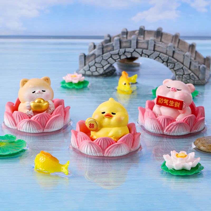 Creatieve Lotus Rijkdom Dieren Miniatuur Beeldjes Cartoon Desktop Auto Micro Landschap Home Versiering Accessoires Cadeau