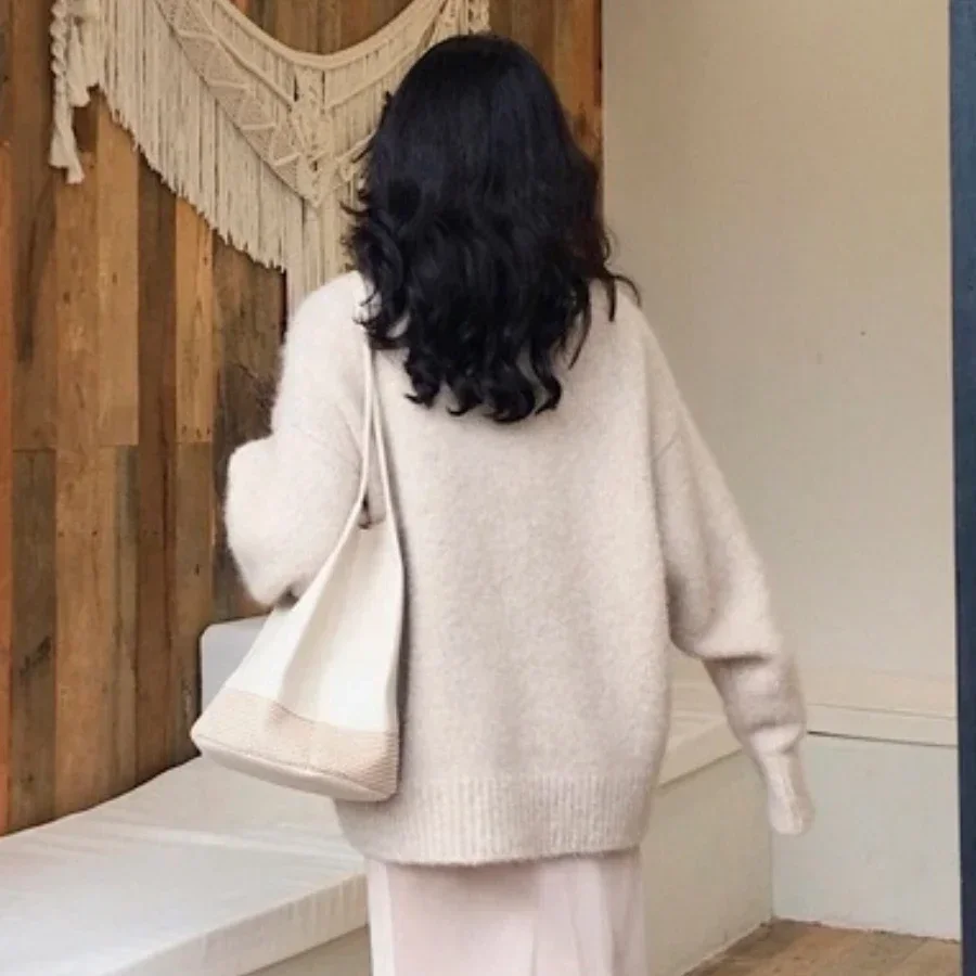 Pullover Women Top O-neck Minimalist Solid Color Knitted Sweater Fashionable Cardigan Female Clothing Spring Autumn Oversize