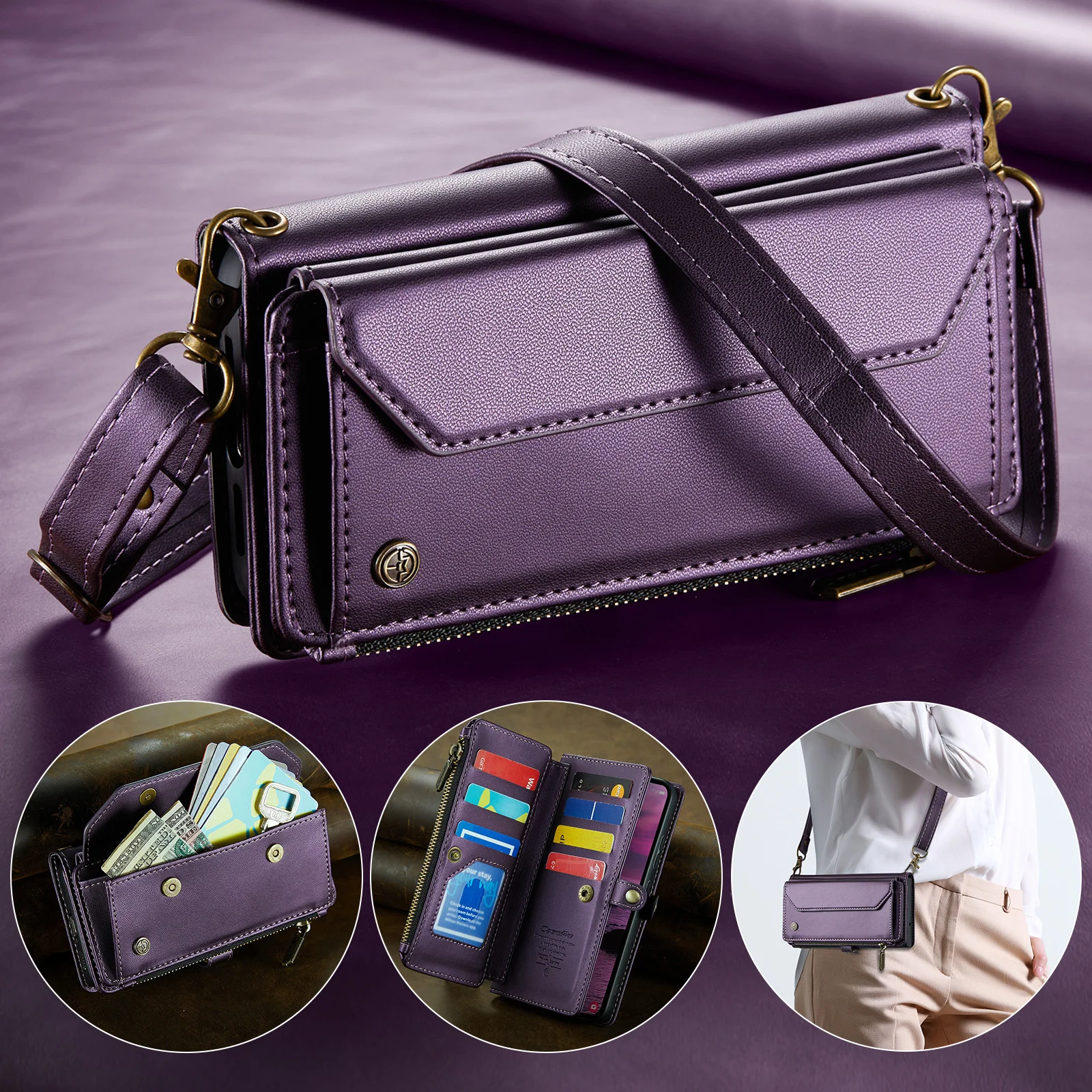 

C36 CaseMe For Samsung Galaxy S25 Ultra S24 Plus S23 S22 S21 FE Luxury Magnetic Flip Leather Wallet Case Card Holder Cover Strap