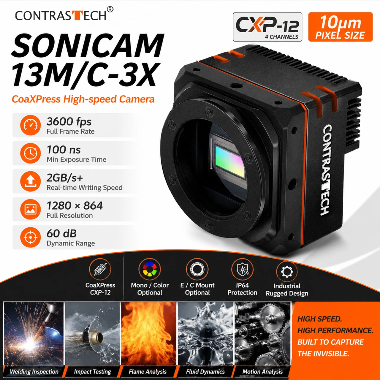 CoaXPress High Speed Camera 1280x864 3600fps CXP-12 4 Channel Ultra Fast Industrial Camera for Motion Analysis SONICAM13M/C-3X