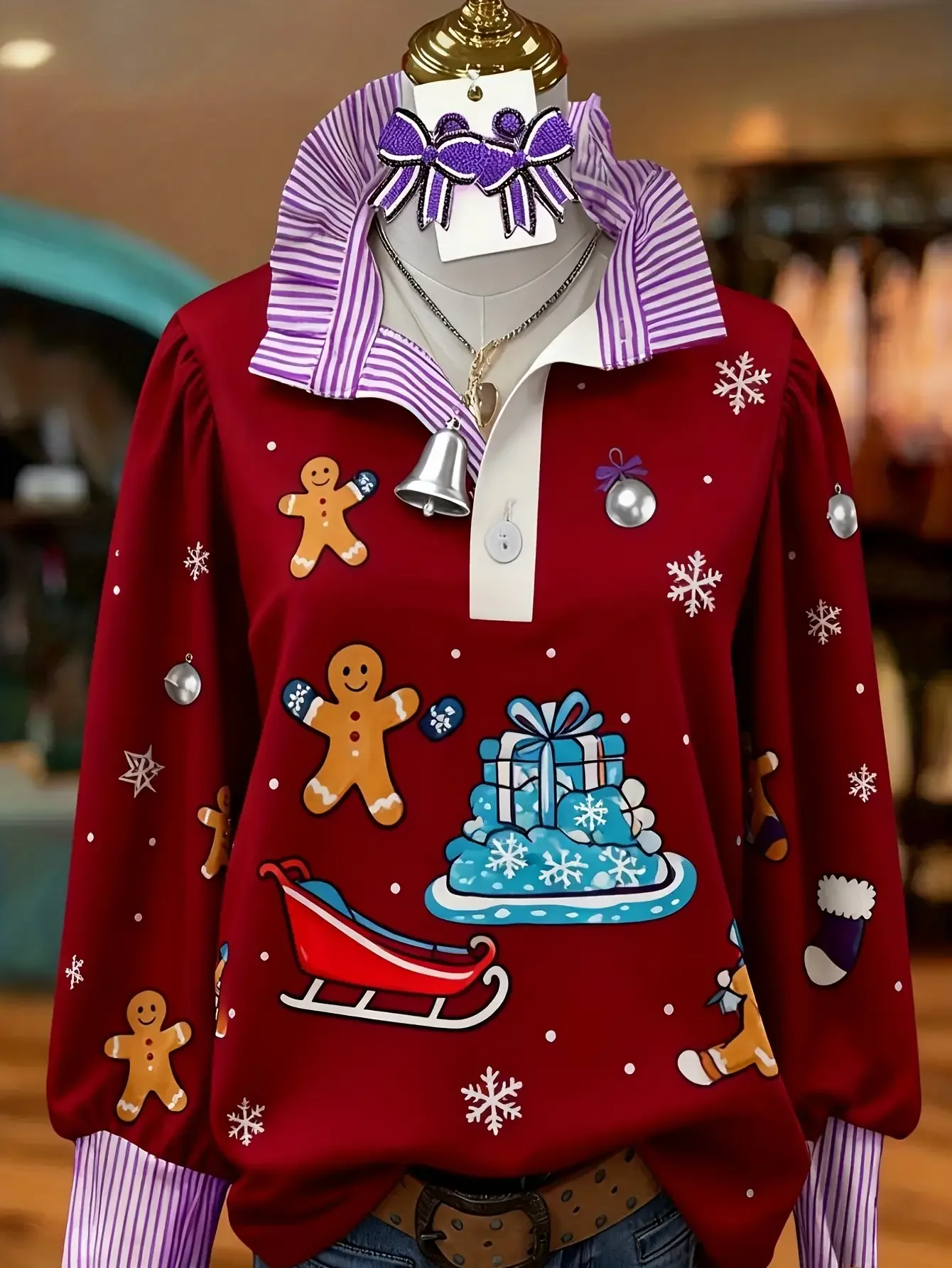 Spring and Autumn Winter New Women's Stand up Collar Shirt Long Sleeve, Red and white striped pattern