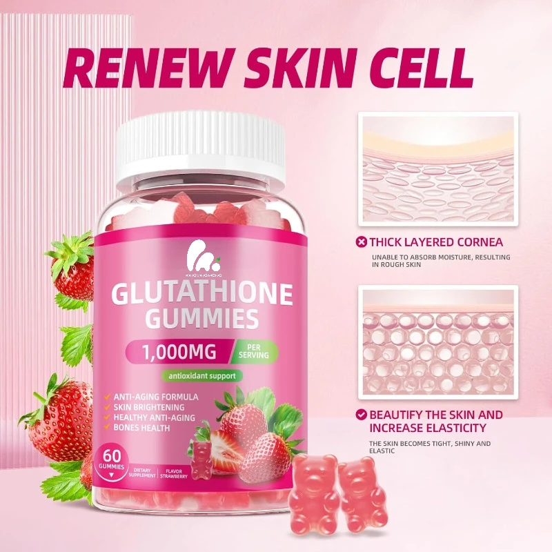 Collagen glutathione gummies supplement. vitaminsC,E, D, and B12, used in anti-aging formulas and to enhance bones