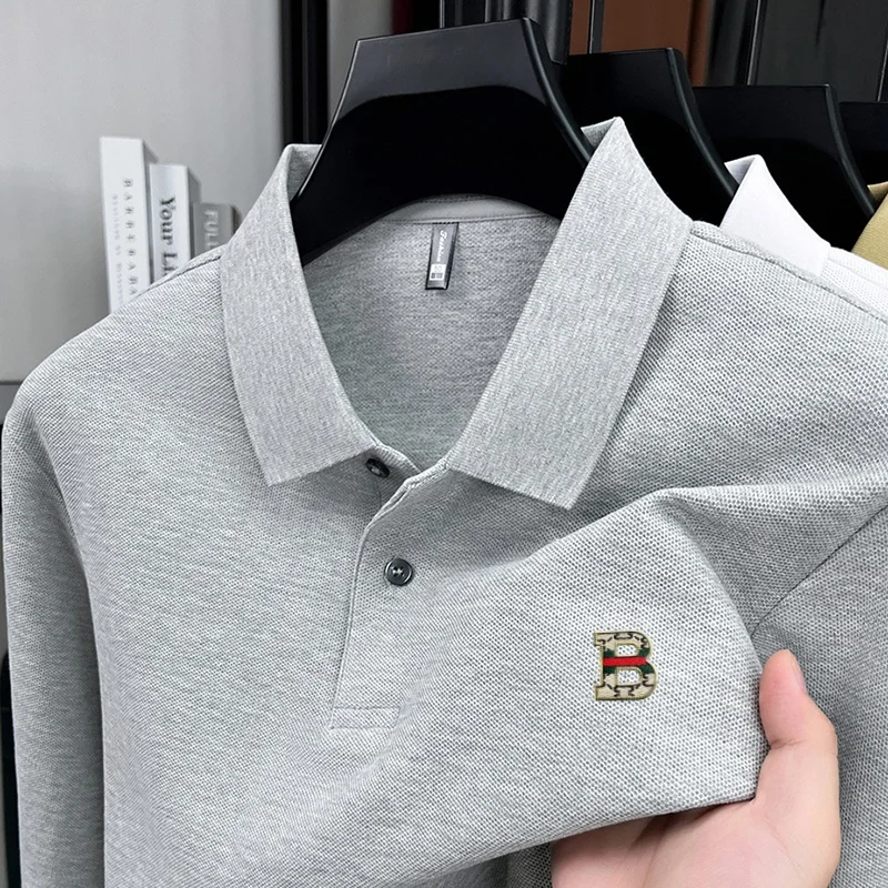 

100% cotton fashionable spring and autumn new men's long sleeved casual comfortable polo shirt high-end designer brand badge Top