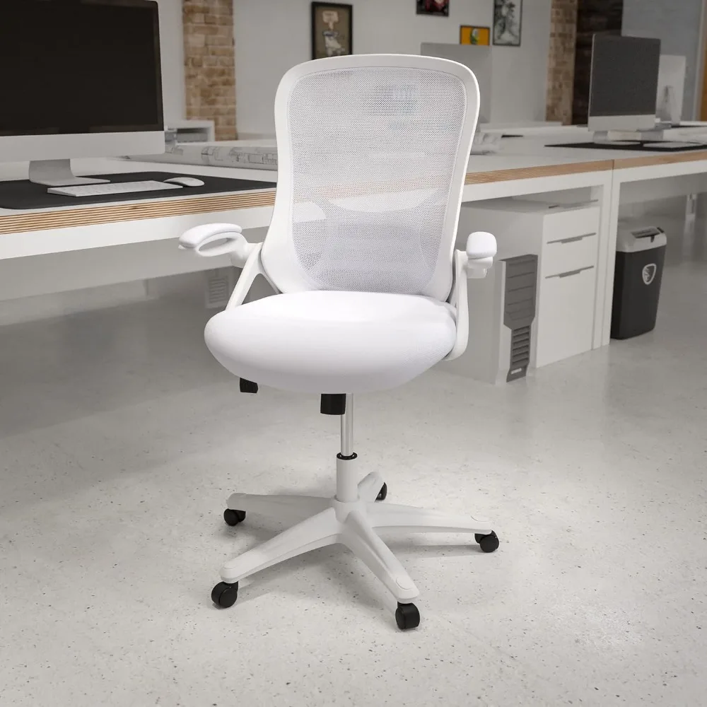 

High back rotating office chair with adjustable waist support and height, mesh office chair with flipping armrests, white color