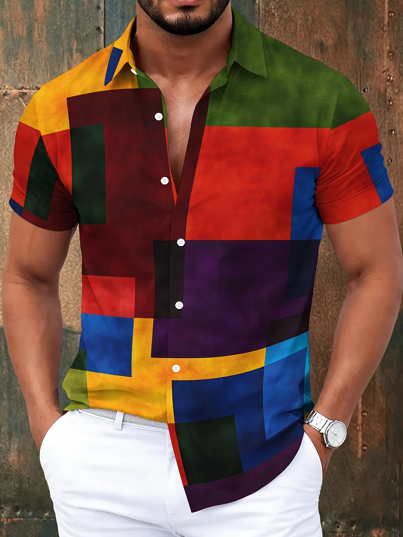 Men's Color Block Geometric Square Rectangle Print Short Sleeve Lapel Shirt Summer Street Bold Casual Mens Clothing