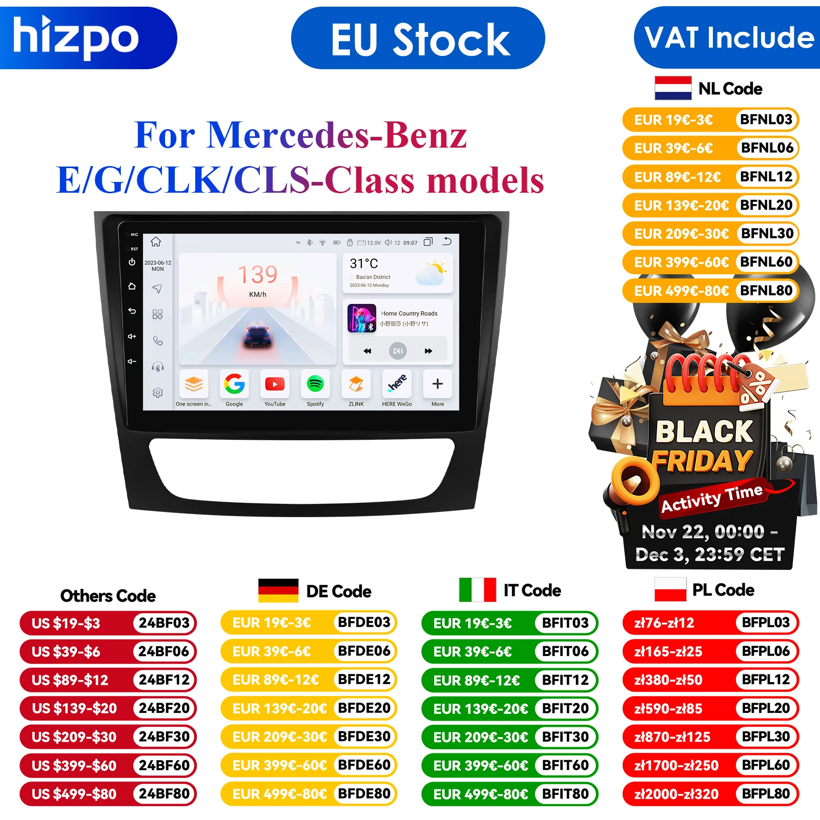 2 Din Android 12 Car Radio with Screen for Mercedes Benz E-class W211 E200 E220 E300 E350 E240 E270 E280 W219 Carplay Stereo RDS