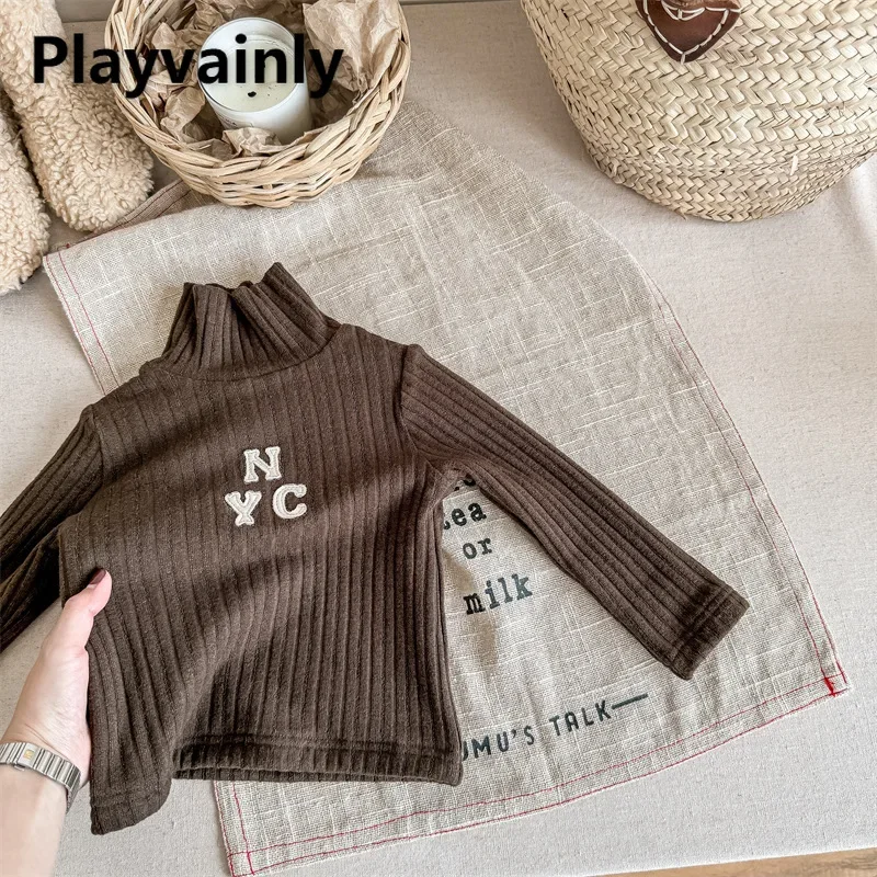 Boys and Girls Turtleneck Pullover Autumn Winter Coffee Apricot Letter Pit Stripe Fleece Tops Children Bottoming-shirt A23623