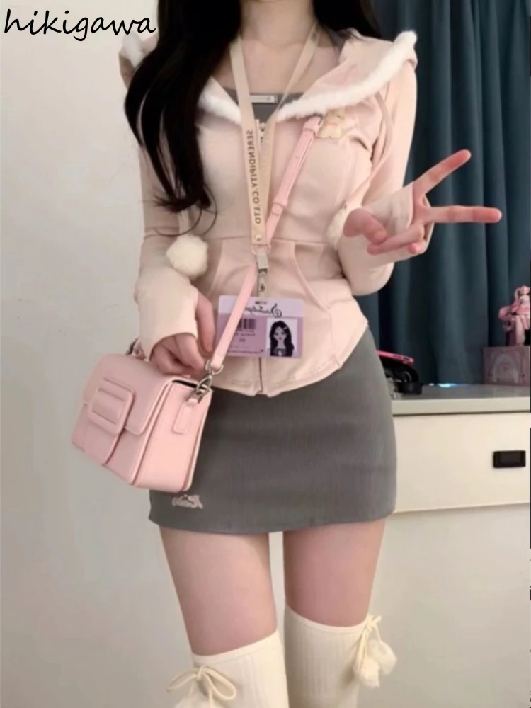 Women Clothing Chic 3 Piece Sets Mini Skirt Outfits Hooded Zipper Sweatshirt Tops Tunic Vest Bodycon Skirts Suit Korean Y2k Set