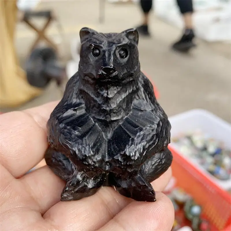 

Natural Black Obsidian Cartoon Bear Carving Craft Healing Feng Shui For Home Decoration Stone Statues Gift 1pcs