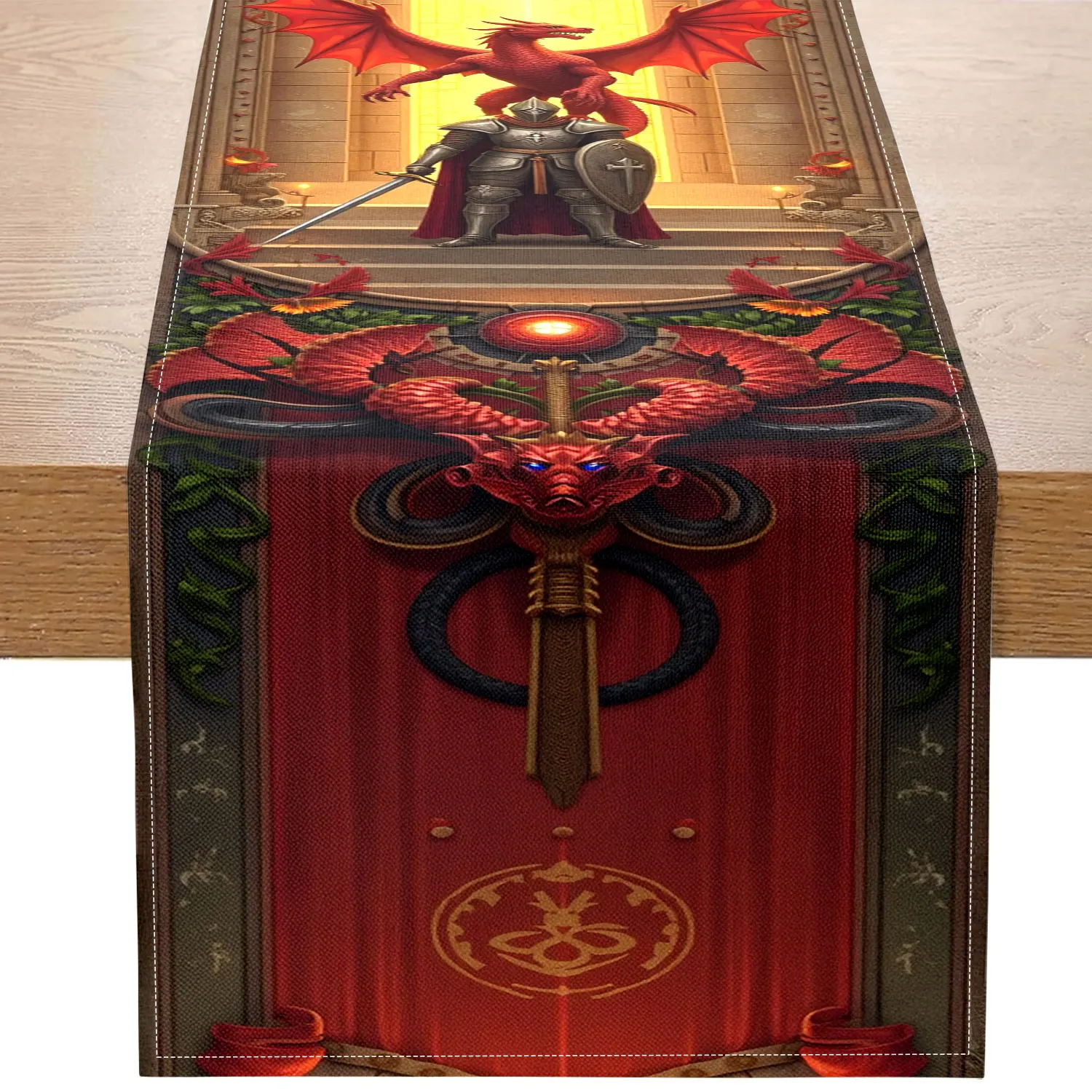 1 Piece of Dragon and Knight Themed Table Runner, Decorated with Red Dragons, Knights, and Castle Elements, Suitable for Fantasy-Style Decoration and Board Game Themed Spaces