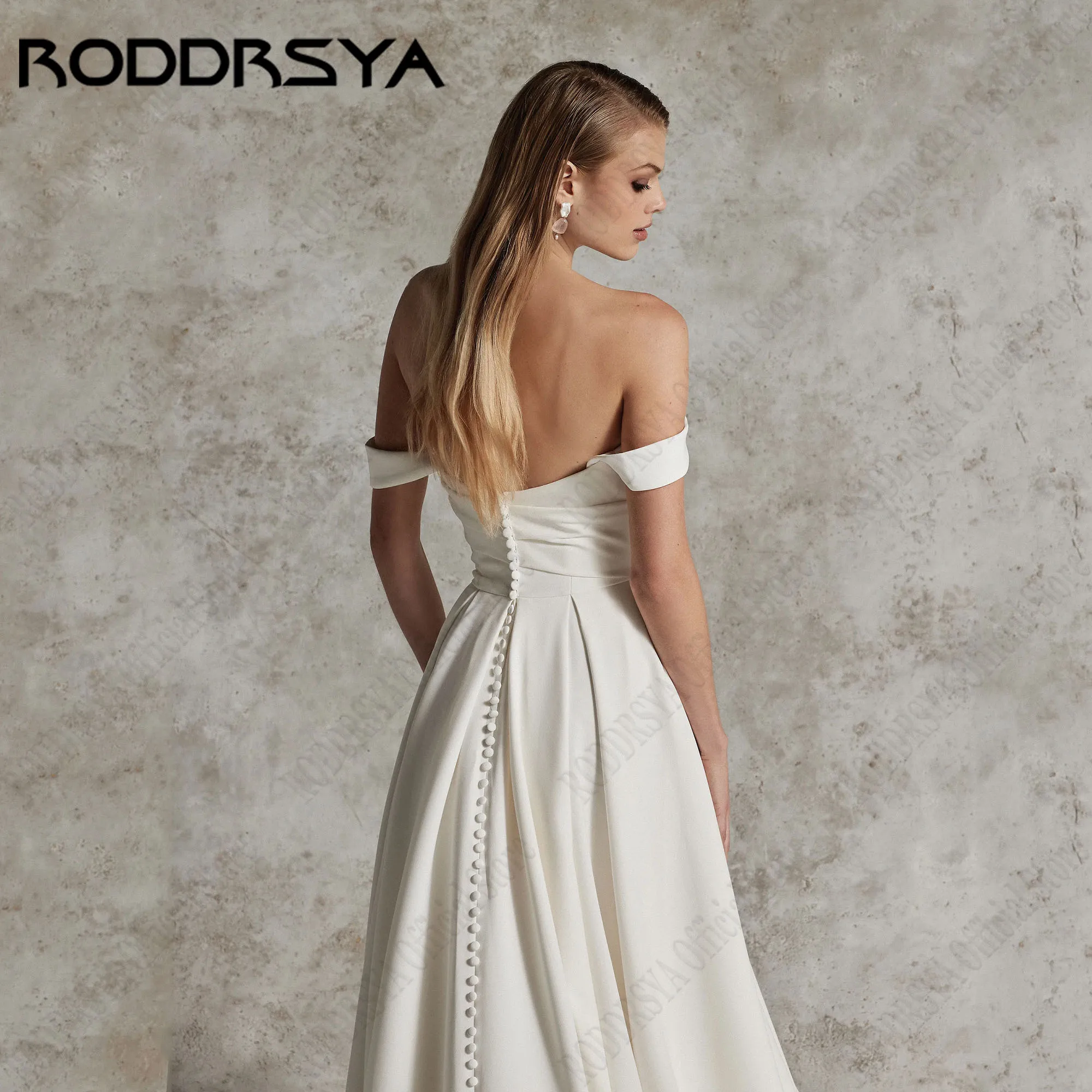 RODDRSYA Off Shoulder Bridal Gowns A-Line Simple Soft Satin Wedding Dresses With Side Slit Backless Buttons vestido Customized