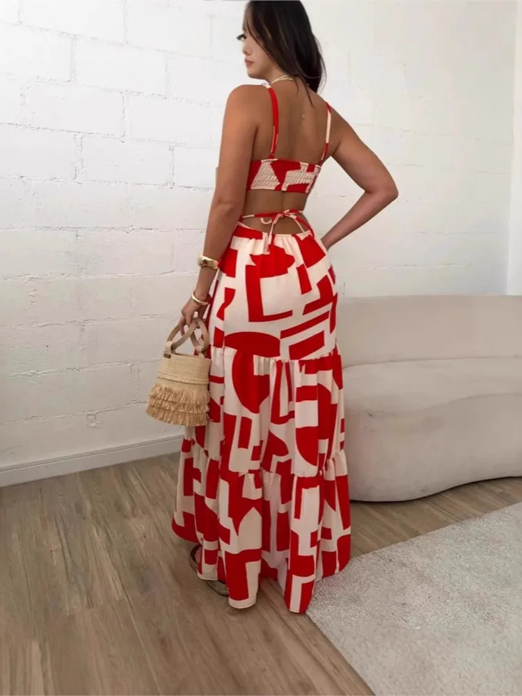 Summer New Fashion Geometric Printed Dress Temperament Elegant Suspender Hollow Backless Waist V-neck Tie Commuting Dresses