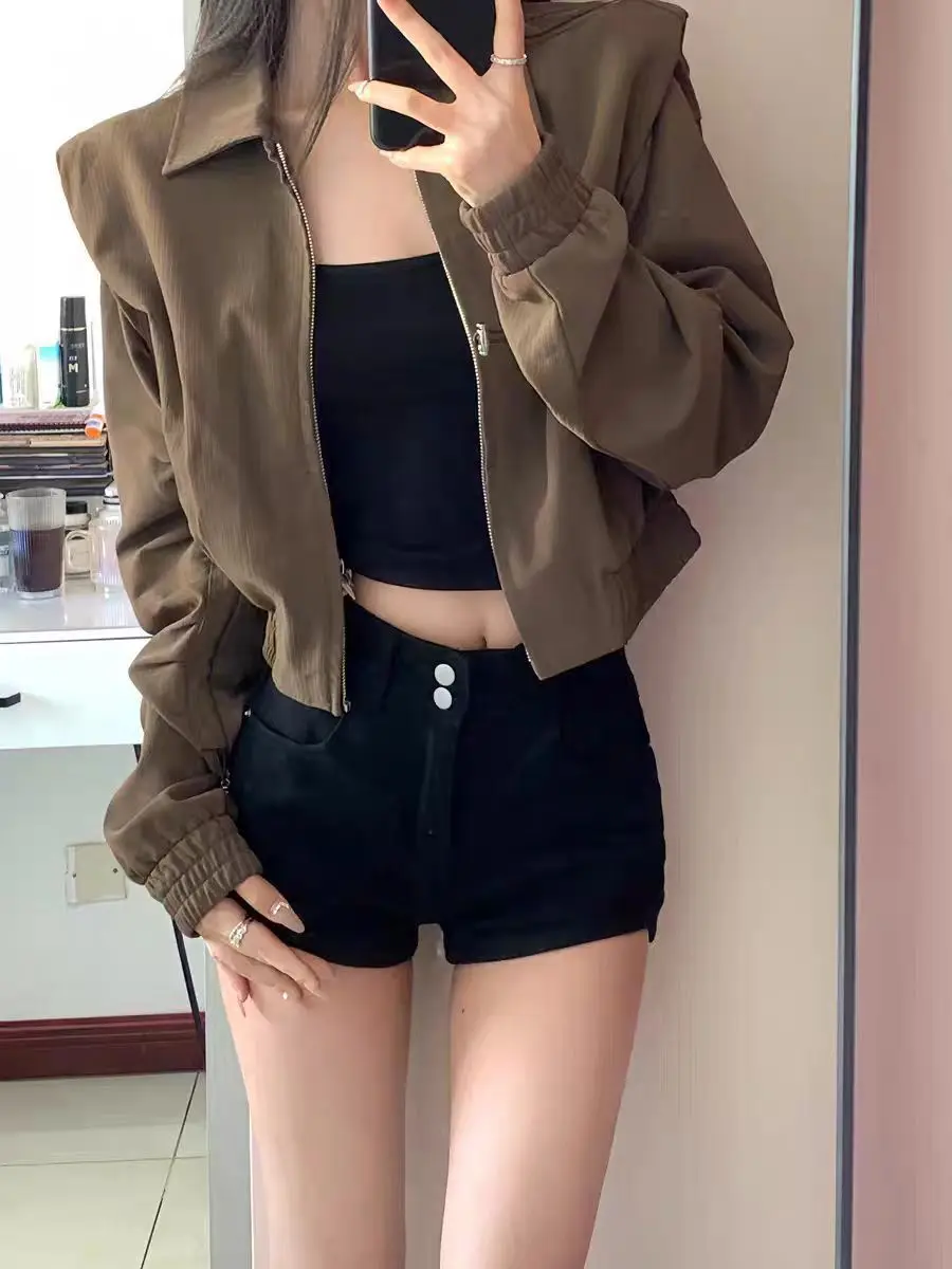 Autumn New Arrival! Women's Brown American Retro Short Coat 2025 Style Perfect for Maillard Look Casual Jacket for Spring & Fall