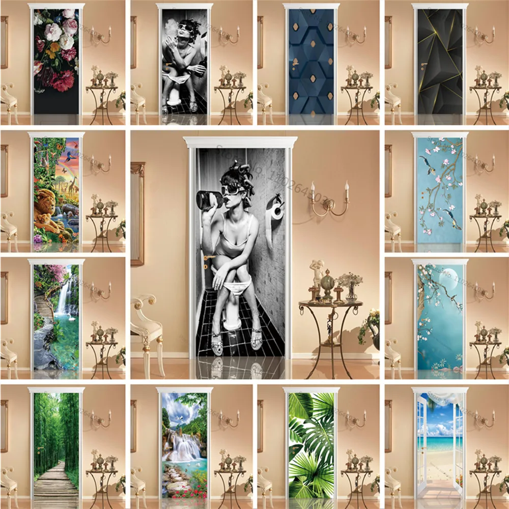 Toilet Girls Drink Smoke Door Stickers SelfAdhesive Scenery Branch Bird Mural Door Wrap Mural Cover Wallpaper Sticker Waterproof