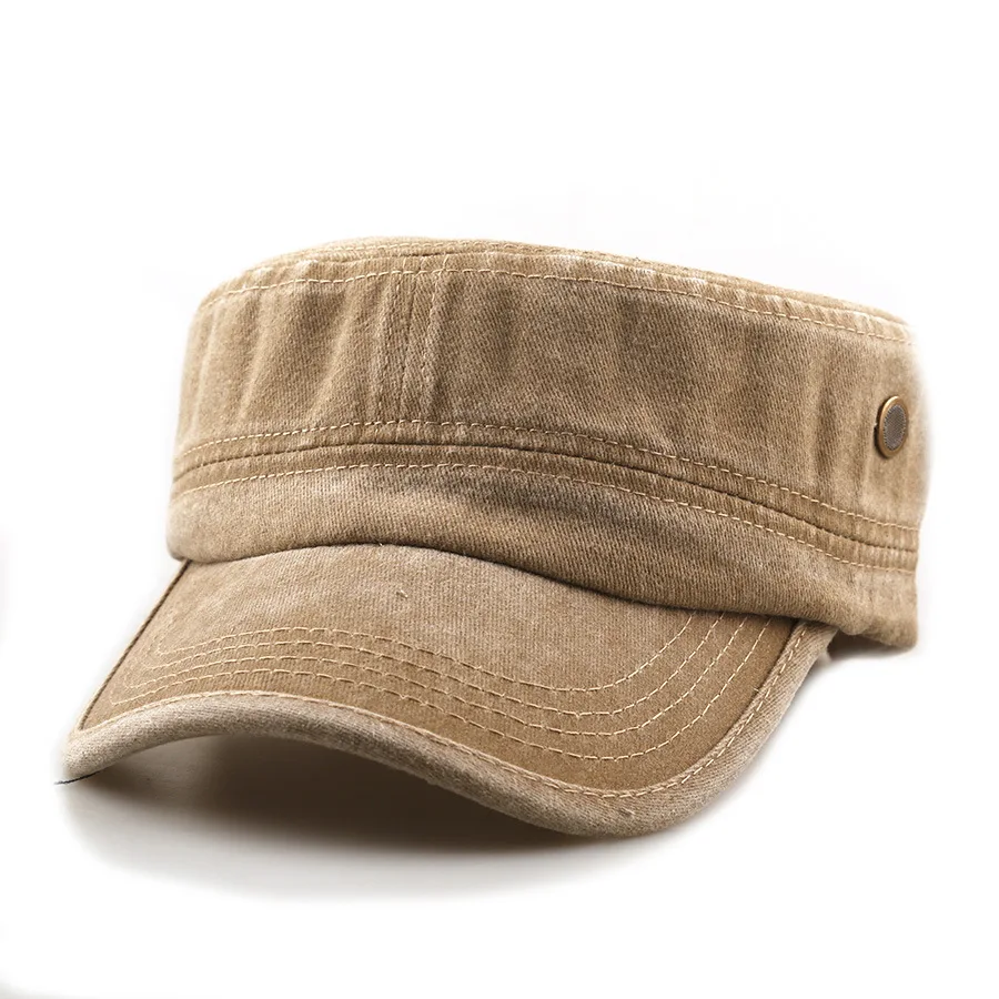 Retro Water-Washed Cotton Flat-Top Side-Edge Copper Mesh Breathable Military Cap. Outdoor Adjustable Distressed Baseball Cap.