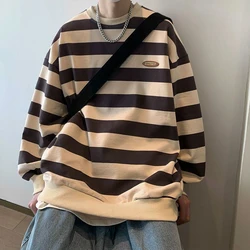 Fall Striped Print Men Long Sleeve O Neck T Shirt Fashion Harajuku Casual Oversize Couple Clothes Pullover Punk Streetwear Black