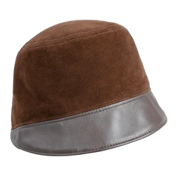 Genuine Suede Leather Bucket Hats for Women-Fashion Fishmen Real Leather Cap