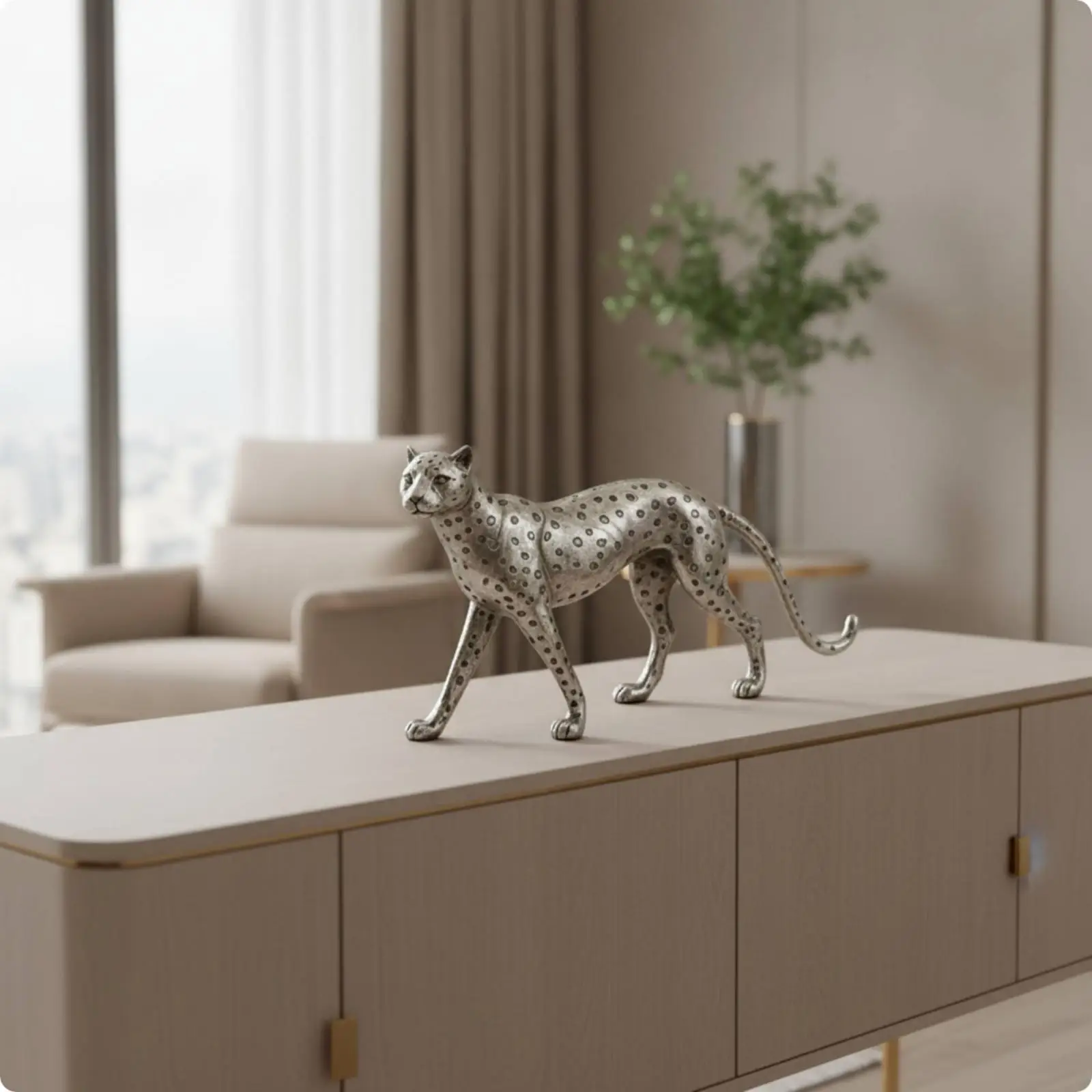Resin Leopard Sculpture Silver Tone Modern Figurine Decorative Tabletop Statue for Living Room Entryway Office Display