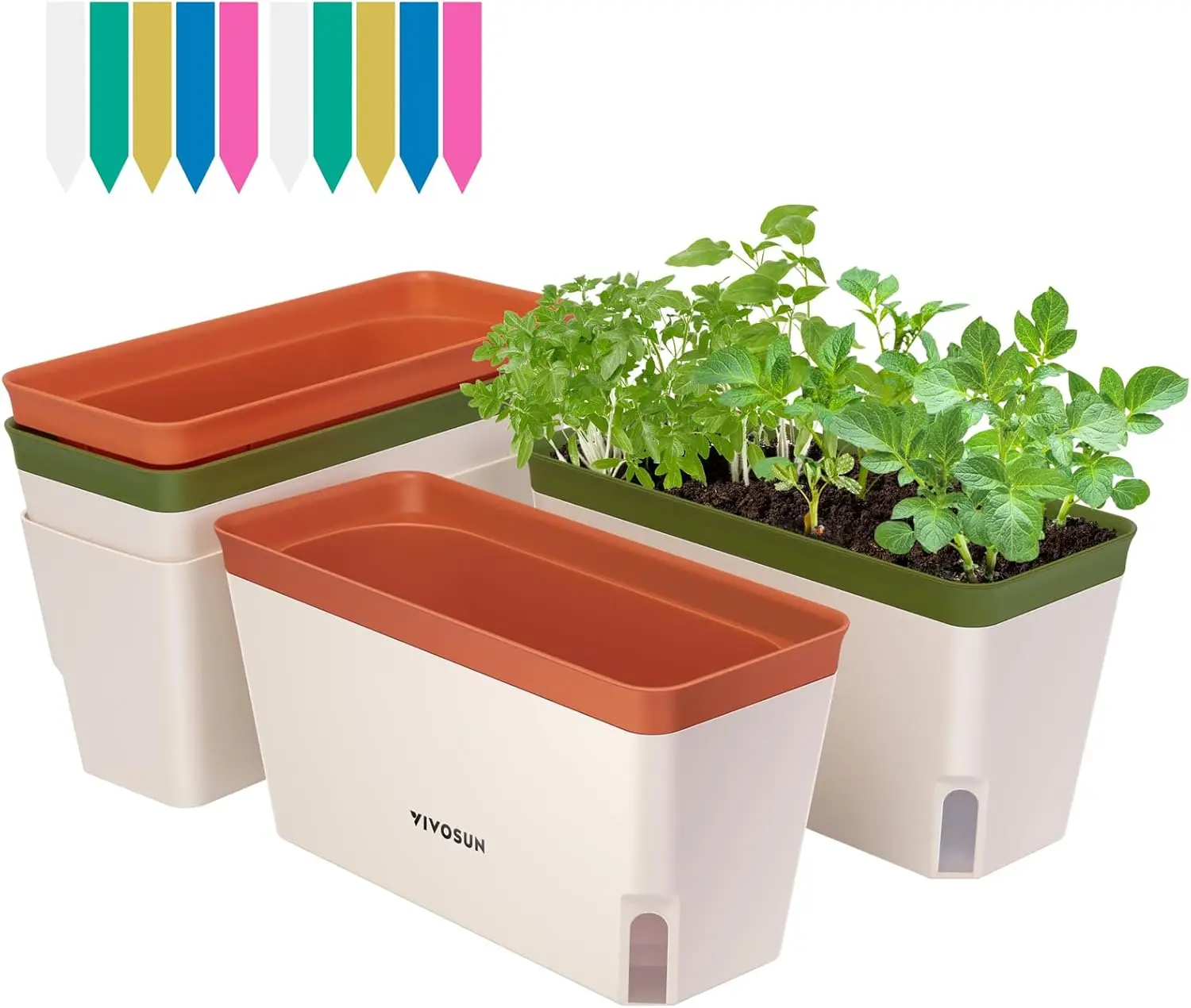 

Self-Watering Planters, 4-Pack 10.5 Inch Compact Rectangular Window Herb Planter Box with 10 PCS Plant Labels, Plant Con