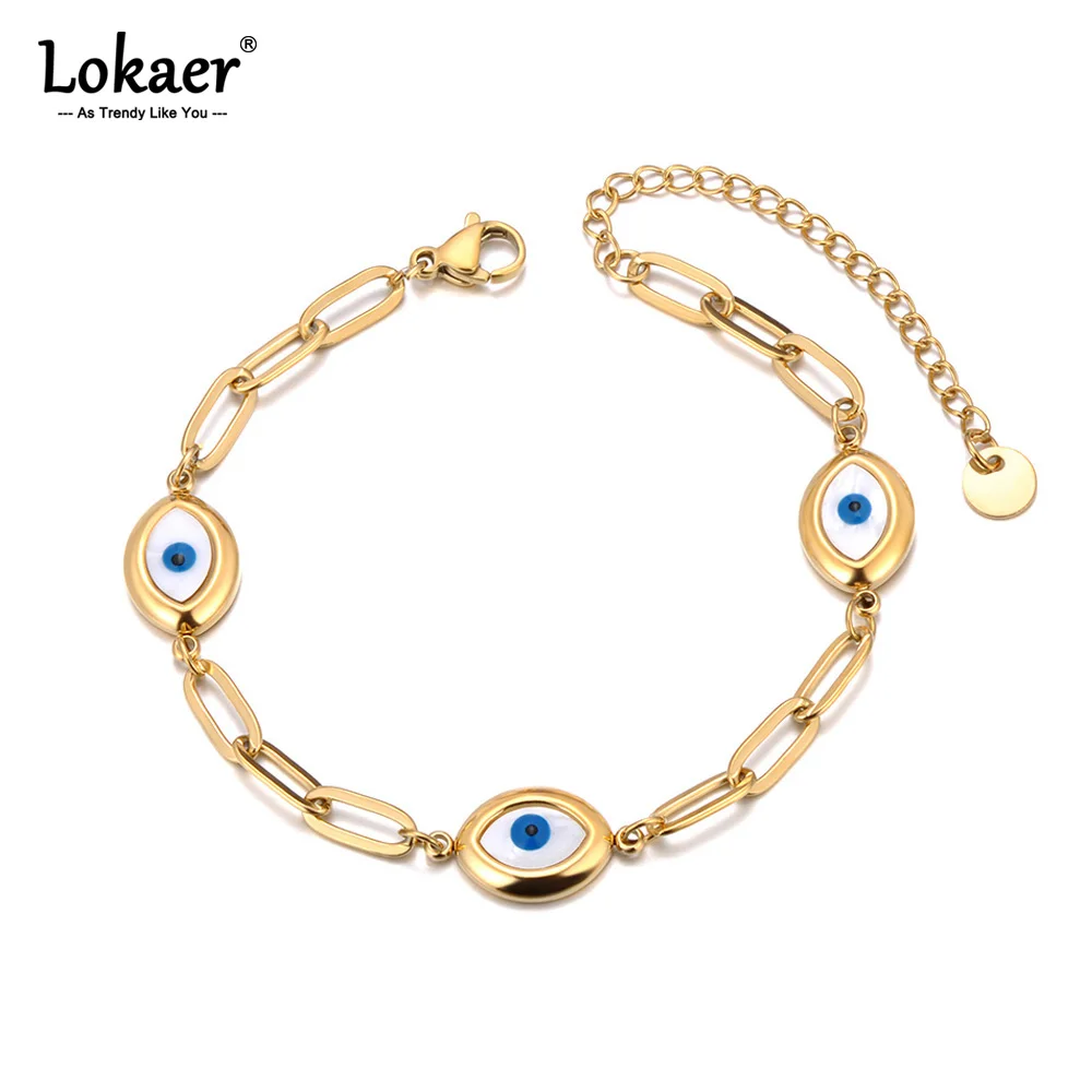 Lokaer Stainless Steel Chain Link Blue Eyes Bracelets for Women 18K PVD Plated Waterproof Fashion Jewelry Unisex New In B25023
