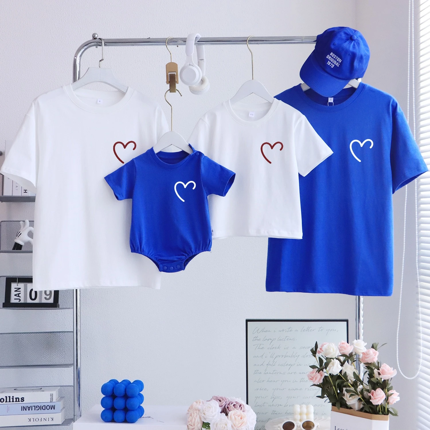 Summer Family Matching T-Shirt Baby Romper Cute Heart Print Solid Color Basic Casual Daily Outfits Soft Comfortable Family Look